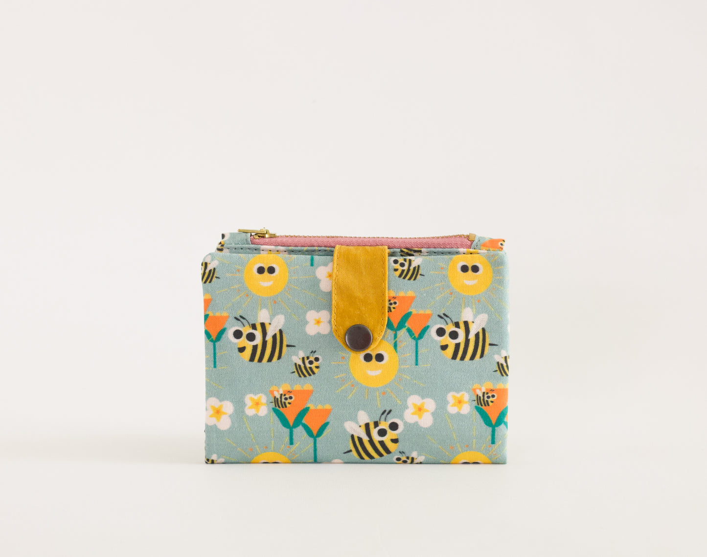 Cartera pequeña de abeja feliz, cartera plegable con cremallera para mujer, linda cartera de viaje, cartera vegana hecha a mano, organizador de tarjetas de crédito