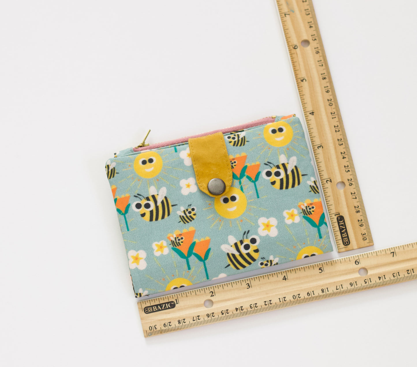 Cartera pequeña de abeja feliz, cartera plegable con cremallera para mujer, linda cartera de viaje, cartera vegana hecha a mano, organizador de tarjetas de crédito
