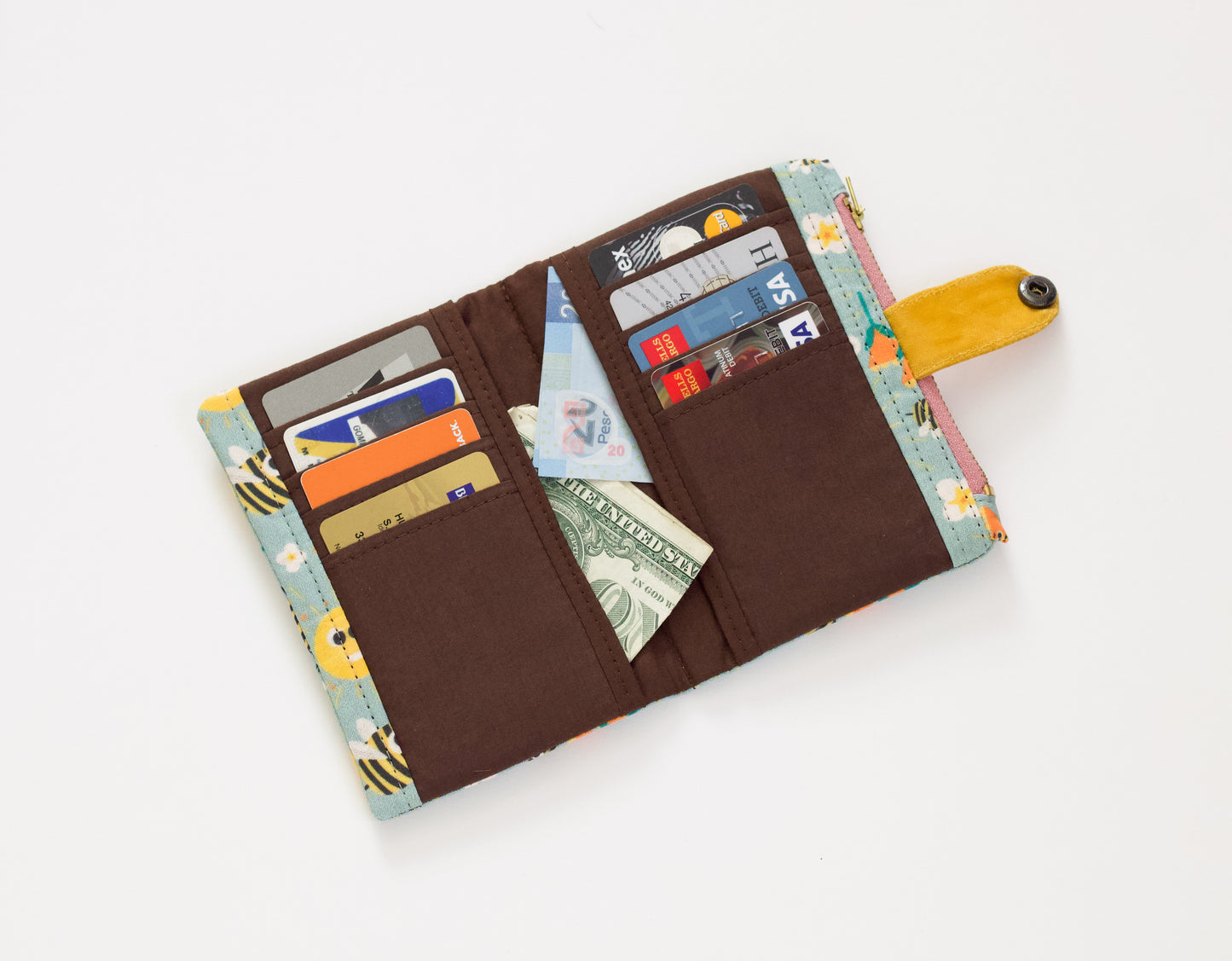 Cartera pequeña de abeja feliz, cartera plegable con cremallera para mujer, linda cartera de viaje, cartera vegana hecha a mano, organizador de tarjetas de crédito