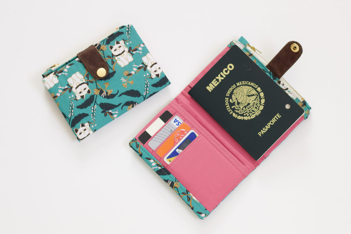 Cartera de gato de la suerte para mujer, cartera plegable japonesa, cartera vegana hecha a mano, regalo para ella