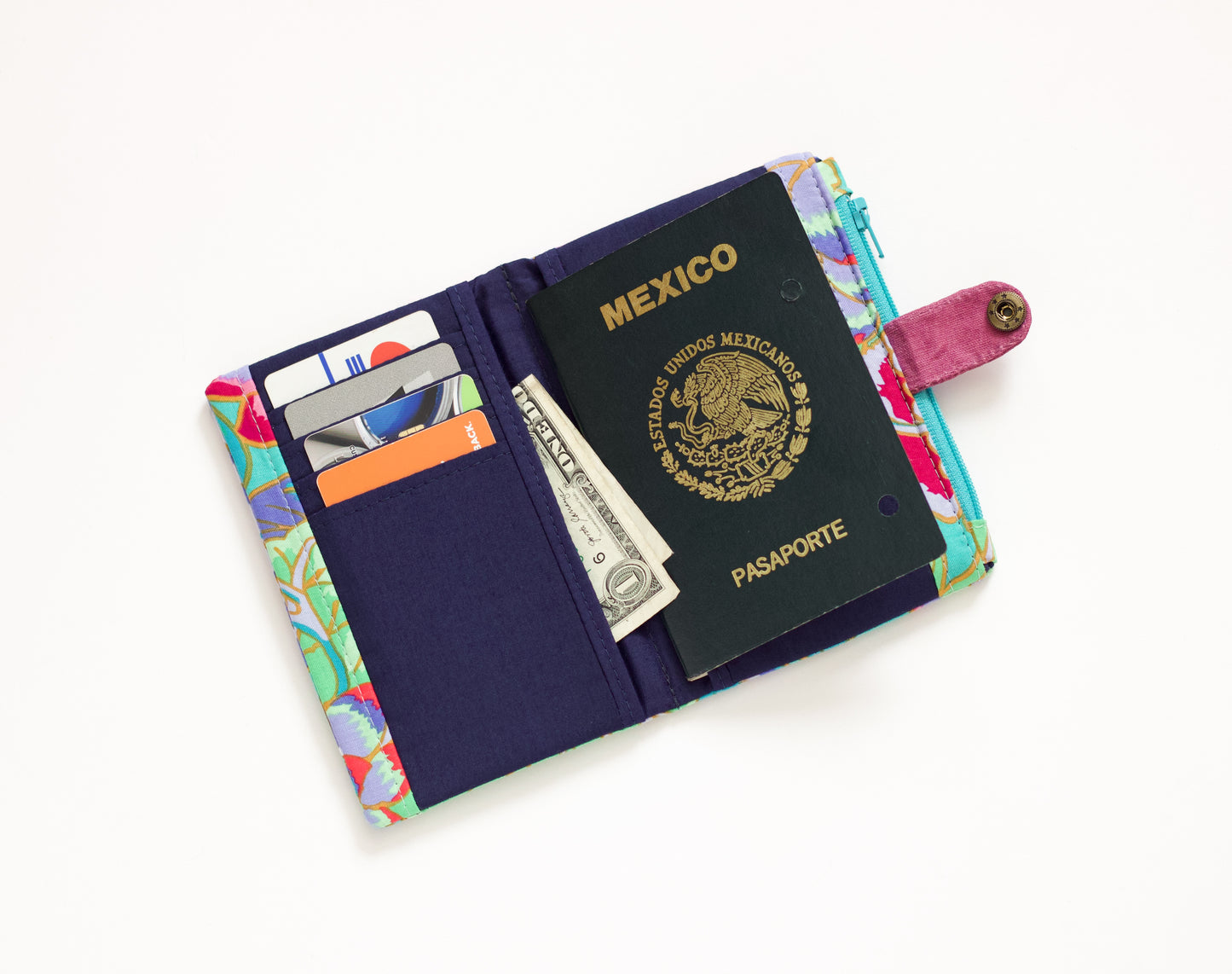 Cartera floral turquesa dorada, cartera de isla de lujo para mujer, cartera bifold vegana de verano, cartera para amantes de la moda, organizador de tarjetas de crédito