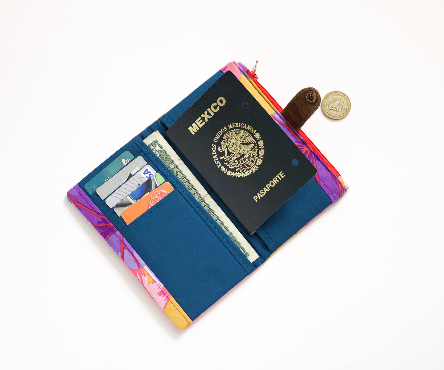 Cartera larga de flores para mujer, linda cartera vegana hecha a mano, cartera de tela artesanal de colores intensos, regalo lindo para ella, organizador de tarjetas de crédito