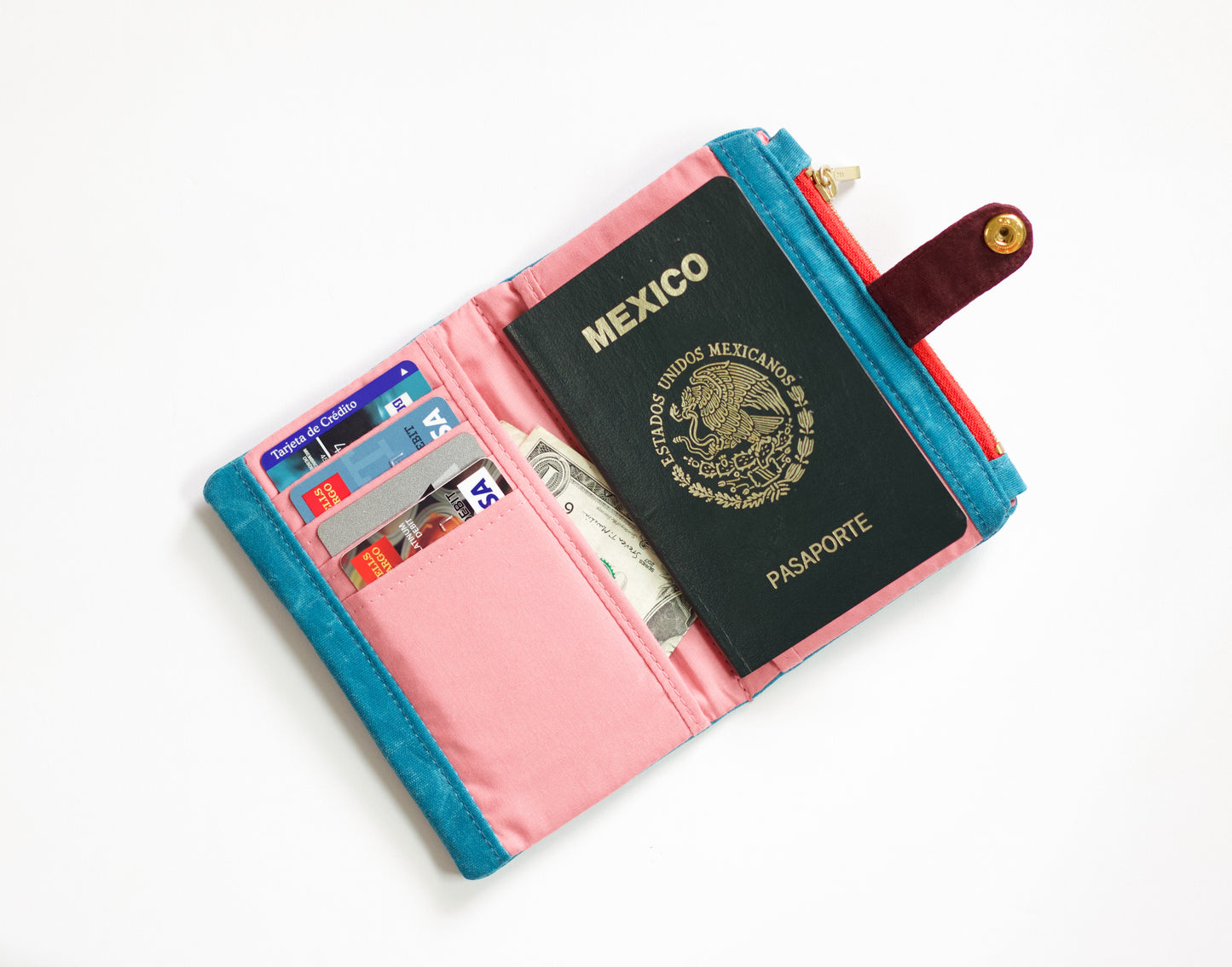 Cartera de lona encerada color azul mosaico, cartera vegana bifold para mujer, cartera de viaje impermeable, linda cartera colorida para mujer, organizador de tarjetas de crédito