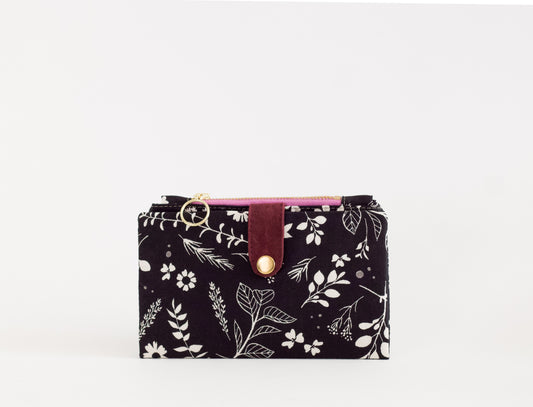 Billetera negra con flores, billetera de moda para mujeres, billetera larga para tarjetas de crédito, billetera de viaje vegana.