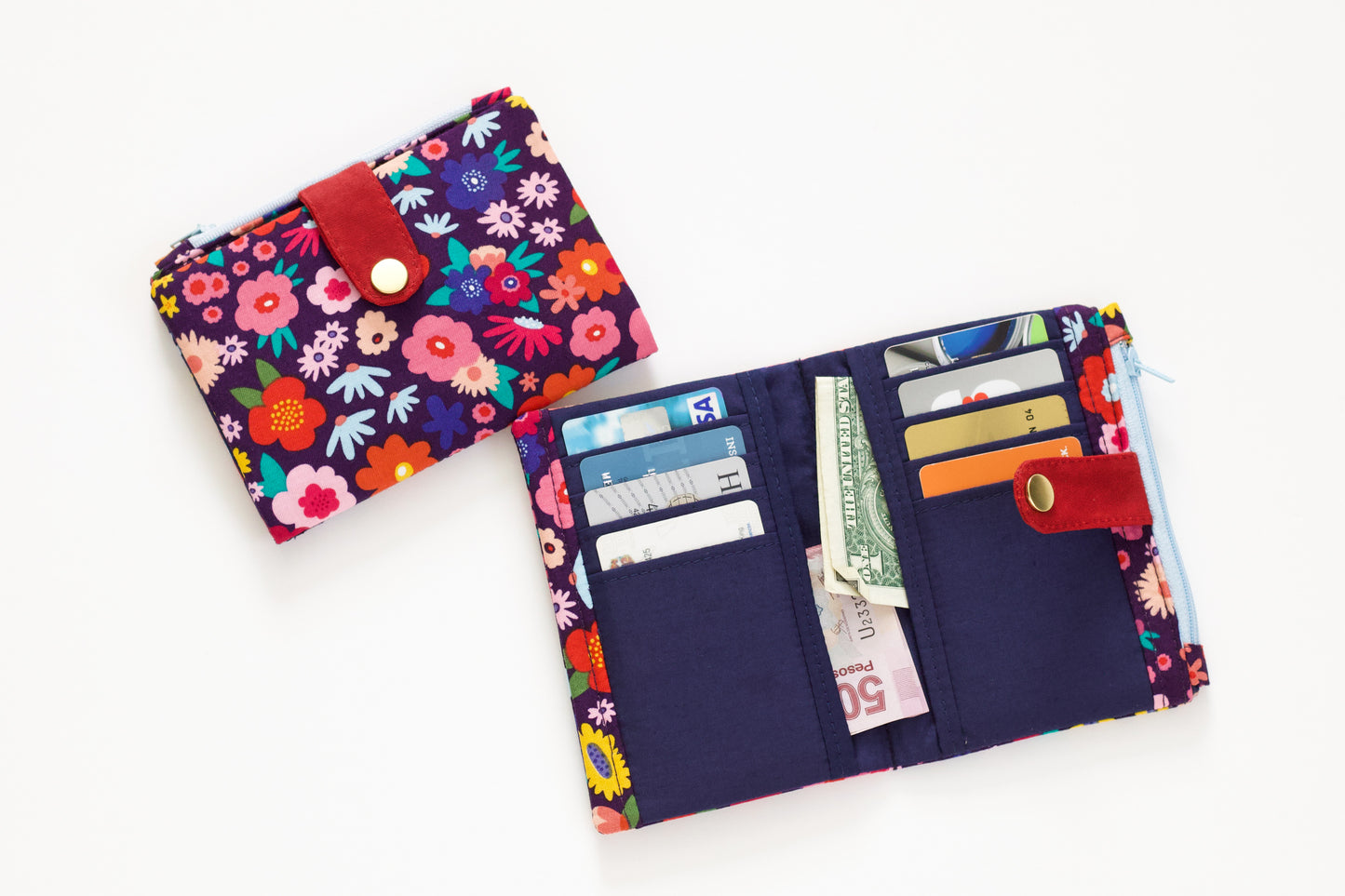 Cartera folk pequeña para mujer, cartera primaveral pequeña, cartera vegana hecha a mano floral, organizador de tarjetas de crédito