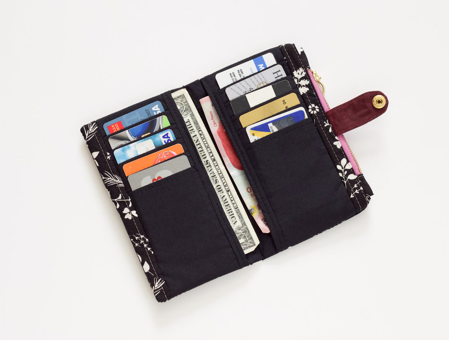 Billetera negra con flores, billetera de moda para mujeres, billetera larga para tarjetas de crédito, billetera de viaje vegana.