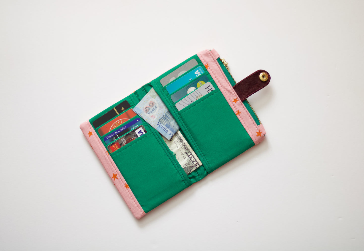 Linda cartera de estrellitas, cartera de algodón rosa y naranja, cartera única para mujer, cartera vegana para viaje, organizador de tarjetas de crédito