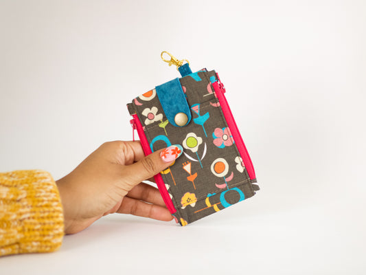 Cartera mini abstracta, cartera de bolsillo con llavero para mujer, cartera retro delgada, mini cartera de tela mod