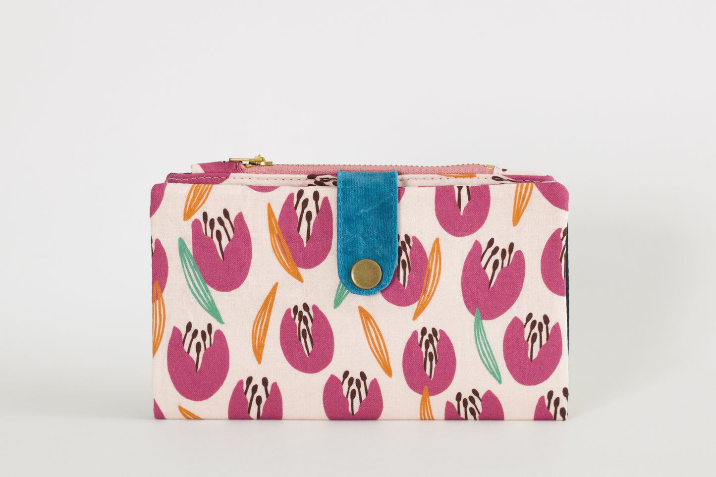 Cartera de tulipán larga, cartera de algodón para mujer, cartera primaveral hecha a mano, cartera de viaje con flores, cartera de tela vegana para mujer