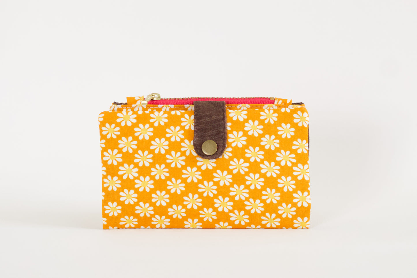 Cartera hippie de margaritas para mujer, cartera vegana amarillo mango, cartera de viaje para mujer, cartera groovy larga, organizador de tarjetas de crédito