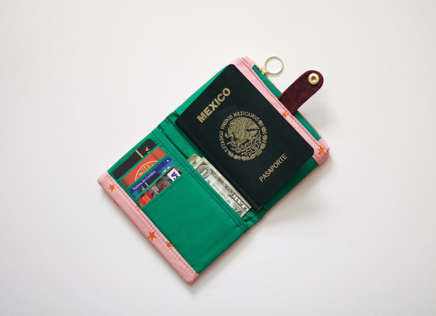 Linda cartera de estrellitas, cartera de algodón rosa y naranja, cartera única para mujer, cartera vegana para viaje, organizador de tarjetas de crédito