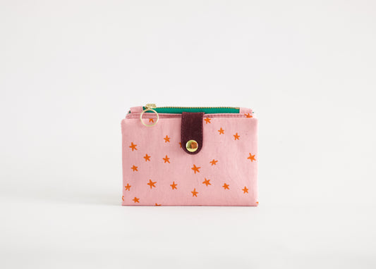 Linda cartera de estrellitas, cartera de algodón rosa y naranja, cartera única para mujer, cartera vegana para viaje, organizador de tarjetas de crédito