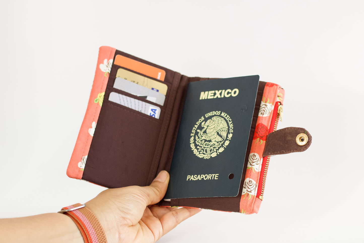 Cartera de rosas pequeña para mujer, cartera de viaje coral, cartera femenina con cremallera, organizador de tarjetas de crédito