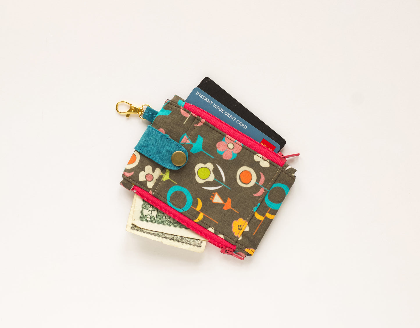 Cartera mini abstracta, cartera de bolsillo con llavero para mujer, cartera retro delgada, mini cartera de tela mod