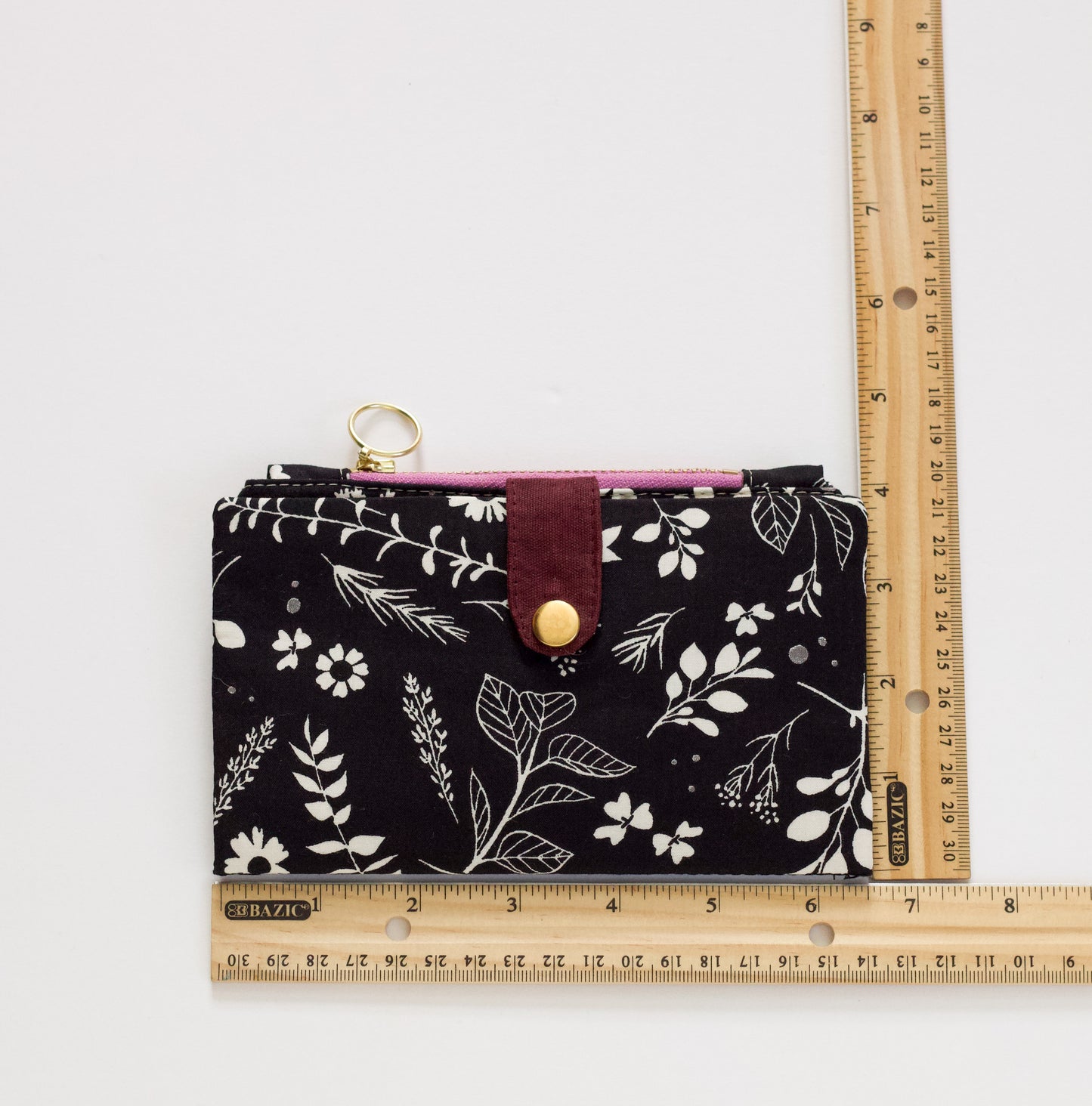 Billetera negra con flores, billetera de moda para mujeres, billetera larga para tarjetas de crédito, billetera de viaje vegana.