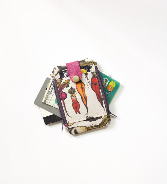 Cartera de llavero botánica, cartera de zanahoria con doble cremallera, cartera de bolsillo para amantes del jardín, cartera vegana pequeña, regalo para ella