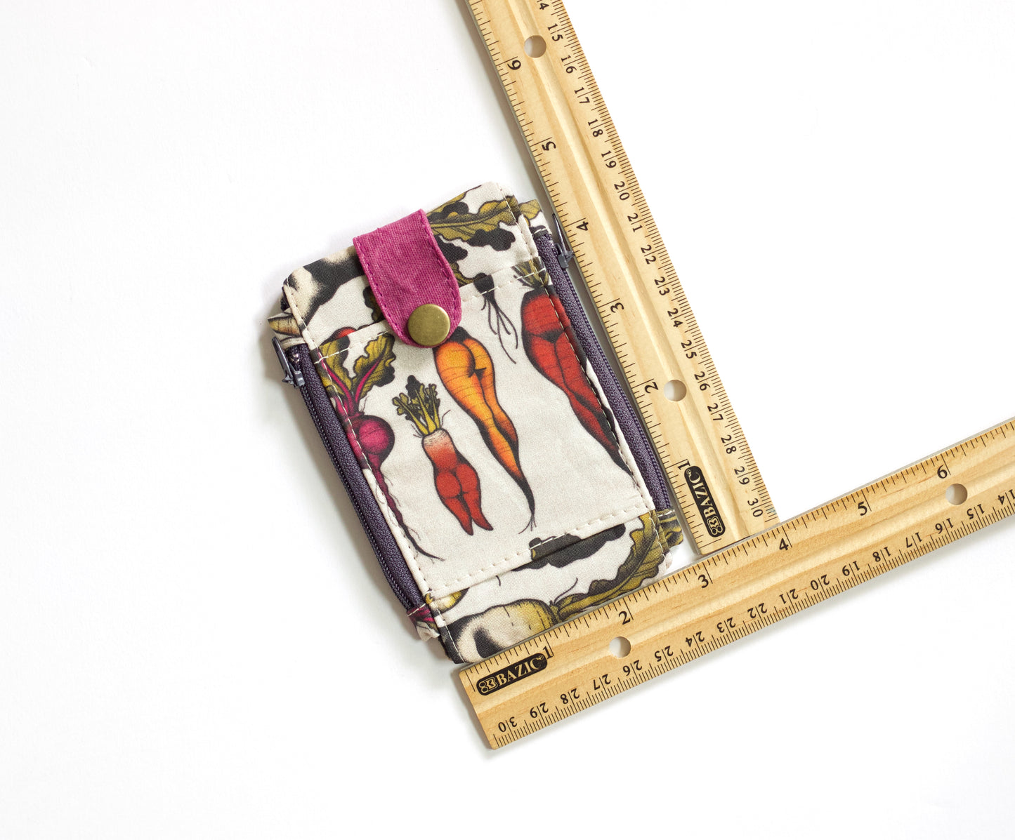 Cartera de llavero botánica, cartera de zanahoria con doble cremallera, cartera de bolsillo para amantes del jardín, cartera vegana pequeña, regalo para ella