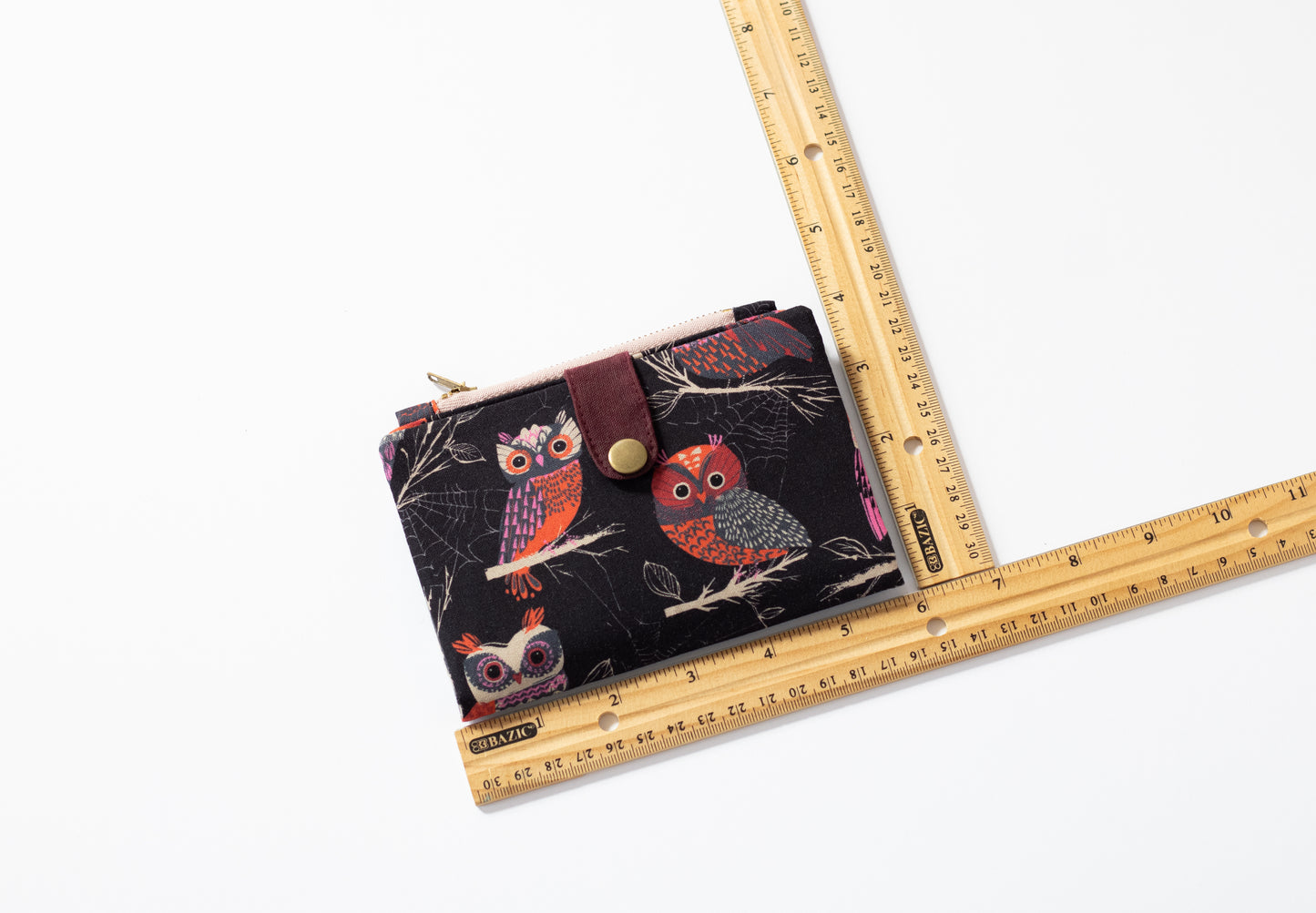 Cartera negra de búhos para mujer: cartera plegable de algodón femenina con cremallera, cartera de pájaros, organizador de tarjetas de crédito