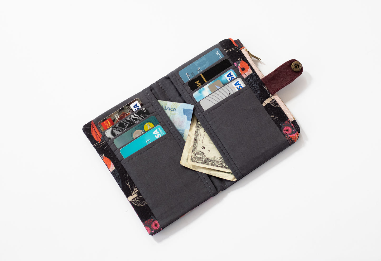 Cartera negra de búhos para mujer: cartera plegable de algodón femenina con cremallera, cartera de pájaros, organizador de tarjetas de crédito