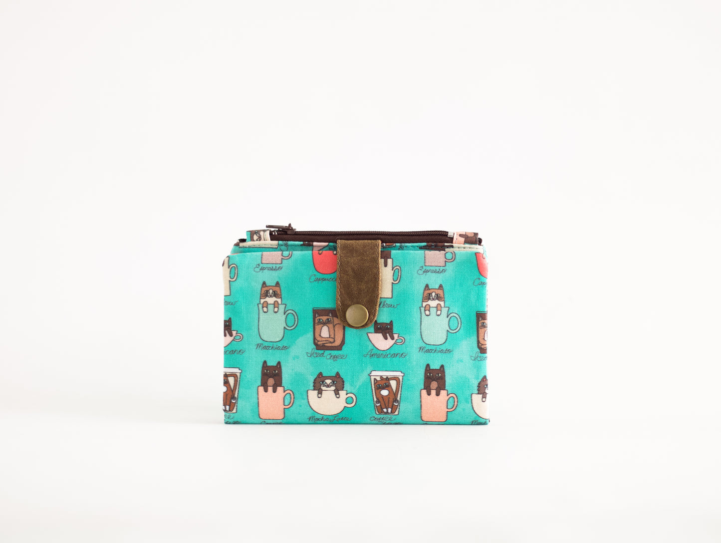 Linda cartera de gatos en tacitas, cartera de tazas de café, cartera vegana única, cartera divertida para viajes, regalo para ella, cartera para amantes de los gatos, organizador de tarjetas de crédito