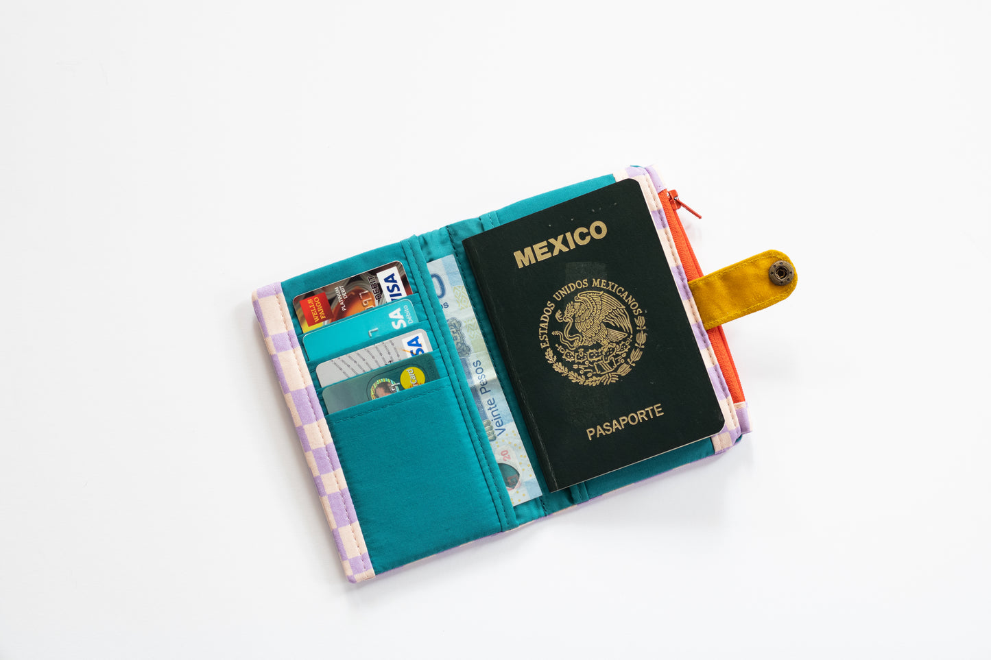 Cartera lila a cuadros maximalista para mujer: cartera de algodón plegable, organizador de tarjetas de crédito