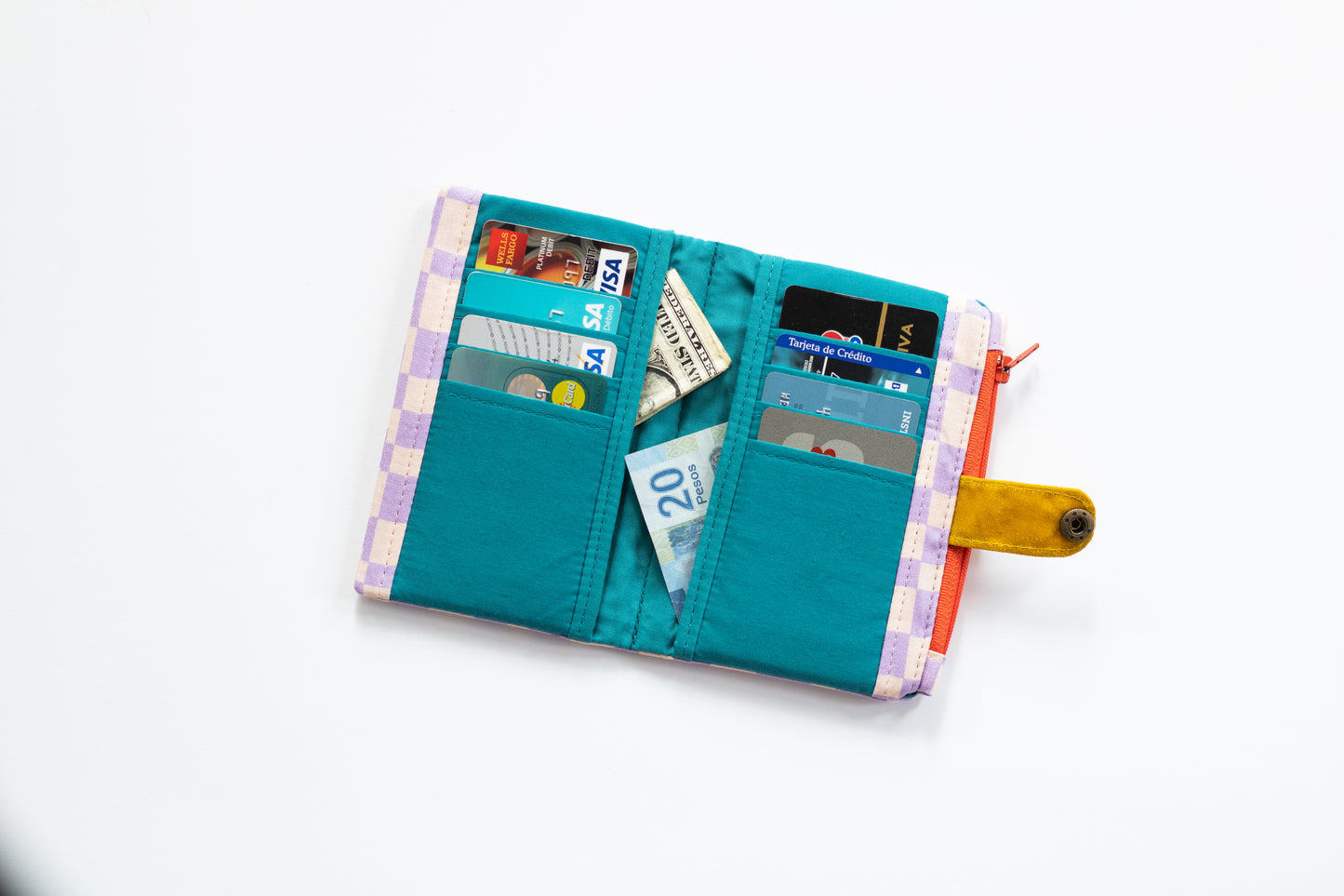 Cartera lila a cuadros maximalista para mujer: cartera de algodón plegable, organizador de tarjetas de crédito