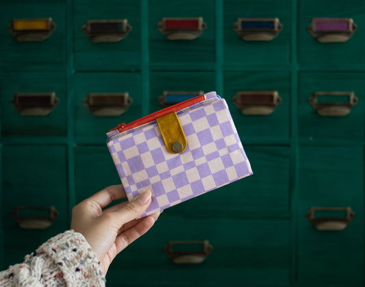 Cartera lila a cuadros maximalista para mujer: cartera de algodón plegable, organizador de tarjetas de crédito