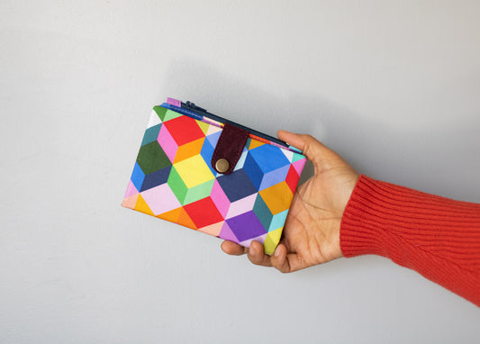 Cartera de cubos geométricos de colores para mujeres: cartera elegante de algodón plegable con bolsa con cremallera