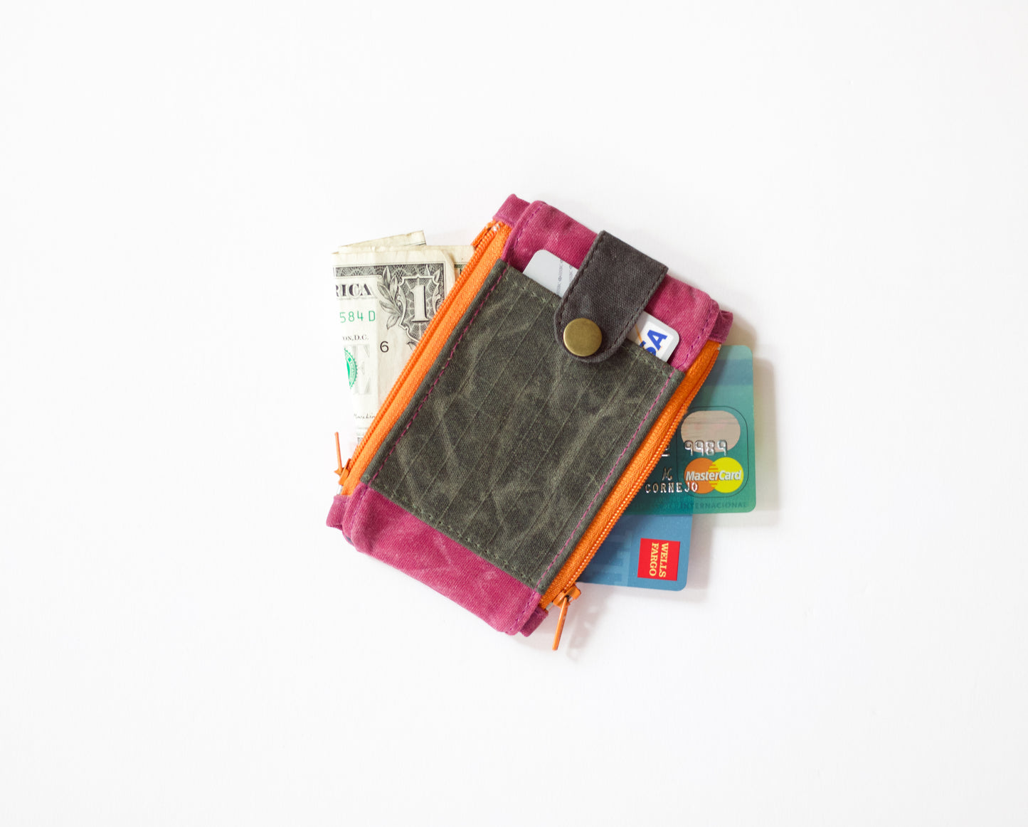 Cartera EDC de lona encerada para mujer: bolsa porta identificación con doble cremallera, estuche para audífonos