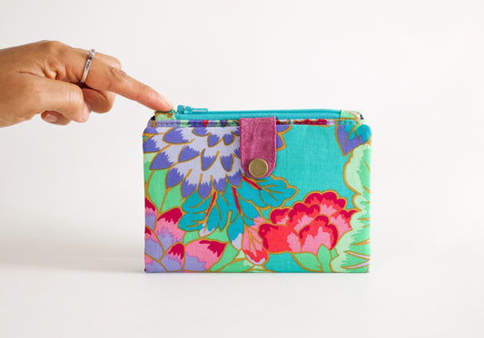 Cartera floral turquesa dorada, cartera de isla de lujo para mujer, cartera bifold vegana de verano, cartera para amantes de la moda, organizador de tarjetas de crédito