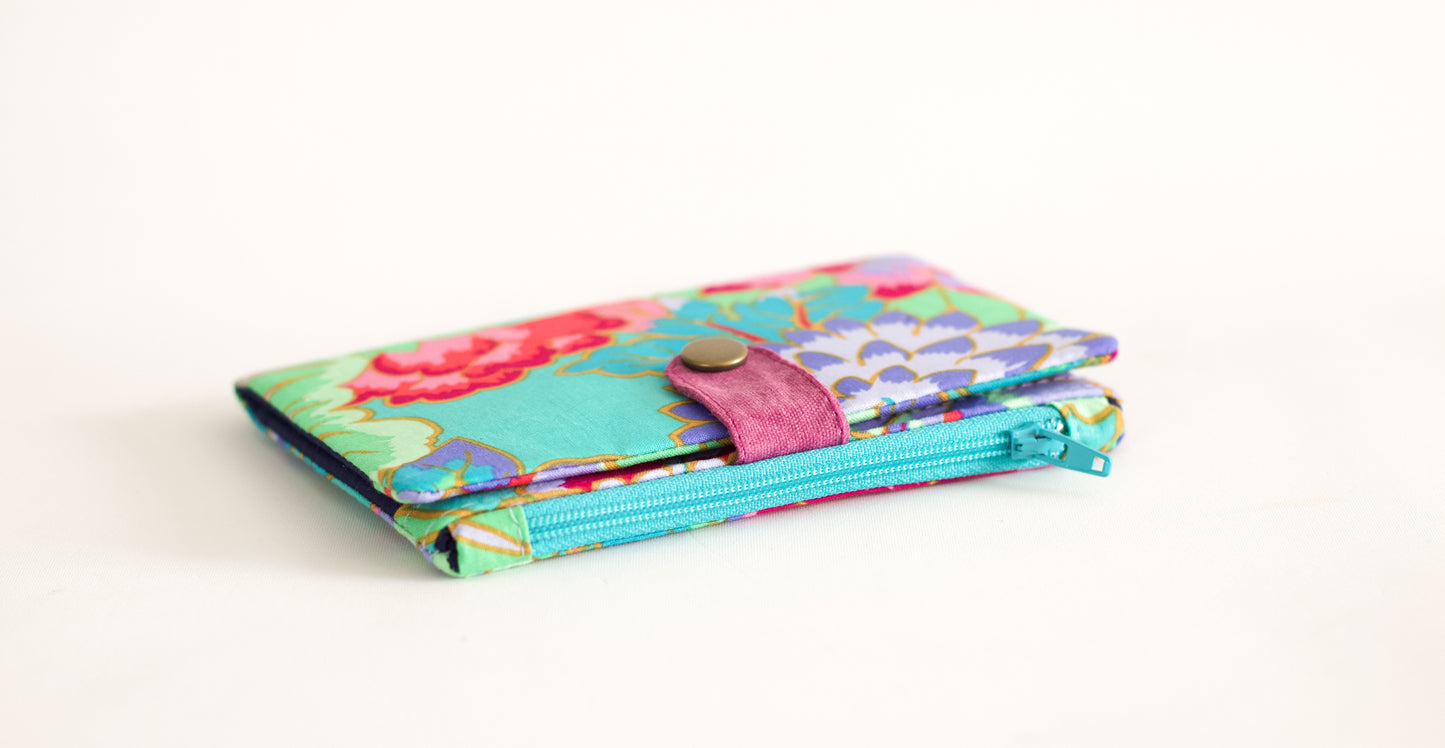 Cartera floral turquesa dorada, cartera de isla de lujo para mujer, cartera bifold vegana de verano, cartera para amantes de la moda, organizador de tarjetas de crédito