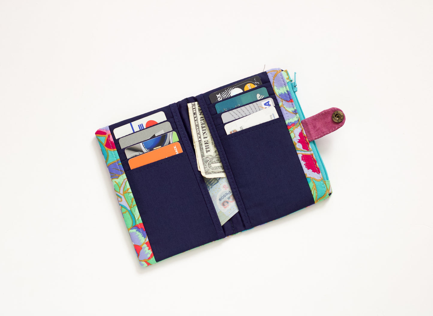 Cartera floral turquesa dorada, cartera de isla de lujo para mujer, cartera bifold vegana de verano, cartera para amantes de la moda, organizador de tarjetas de crédito