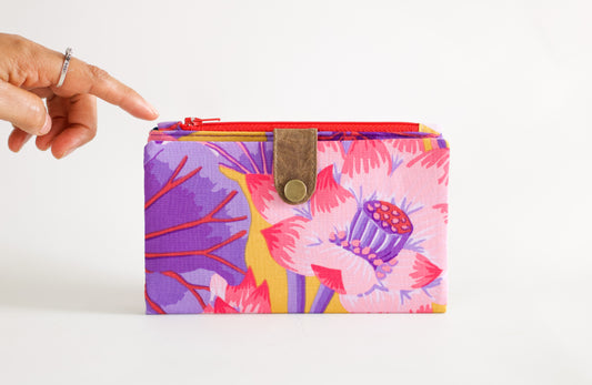 Cartera larga de flores para mujer, linda cartera vegana hecha a mano, cartera de tela artesanal de colores intensos, regalo lindo para ella, organizador de tarjetas de crédito