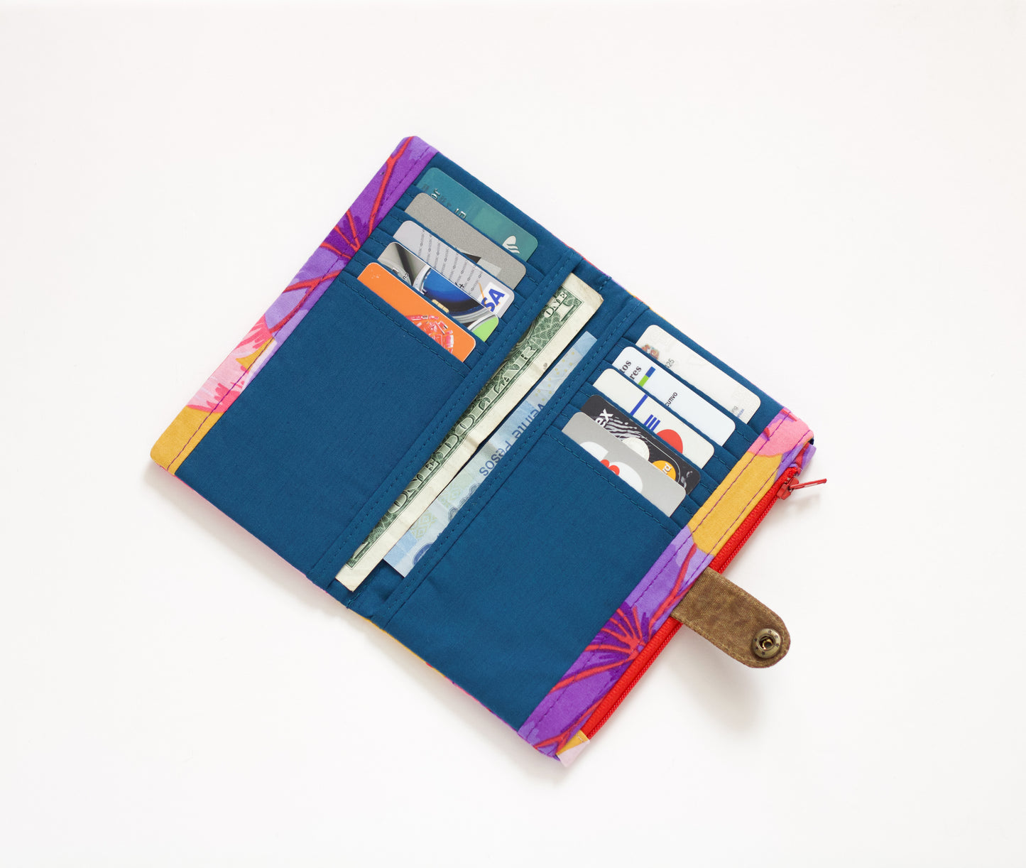 Cartera larga de flores para mujer, linda cartera vegana hecha a mano, cartera de tela artesanal de colores intensos, regalo lindo para ella, organizador de tarjetas de crédito