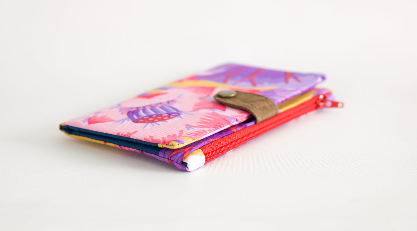 Cartera larga de flores para mujer, linda cartera vegana hecha a mano, cartera de tela artesanal de colores intensos, regalo lindo para ella, organizador de tarjetas de crédito