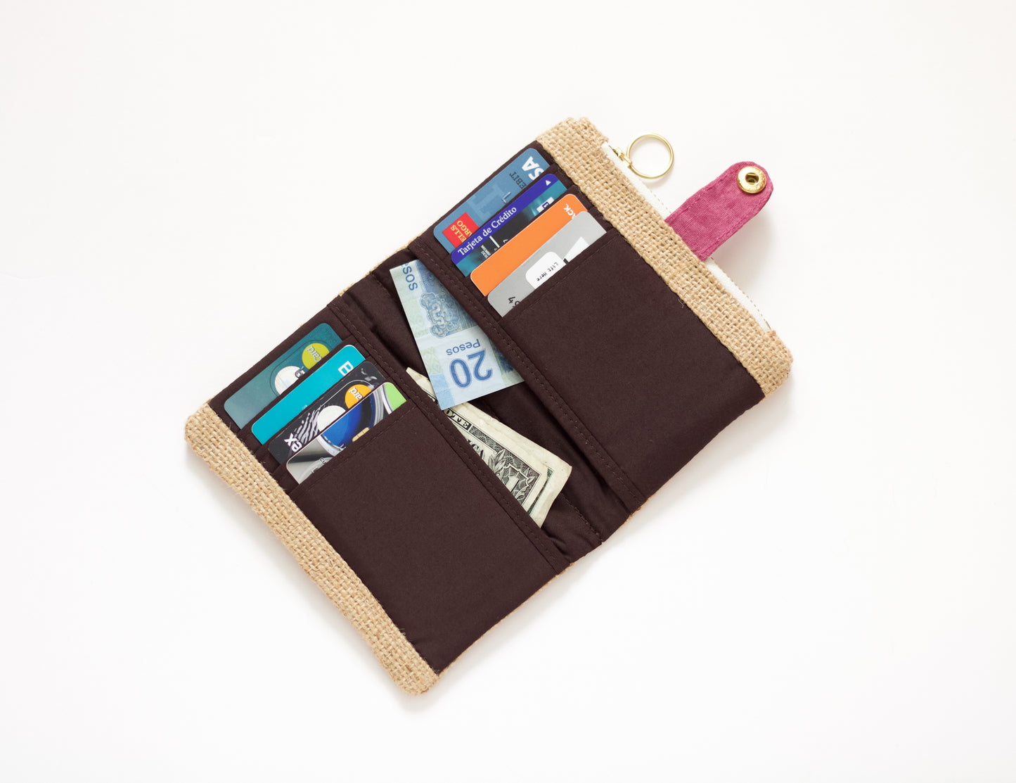 Cartera de verano para mujer, cartera de arpillera bifold para mujer, cartera ecológica de yute, cartera vegana de viaje, organizador de tarjetas de crédito