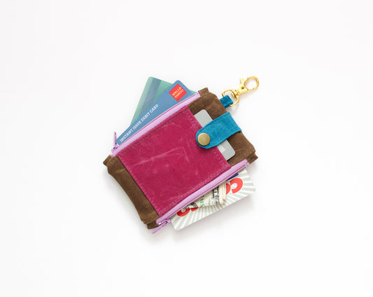 Cartera de llavero de lona encerada para mujer, mini cartera de mujer, cartera de bolsillo de lona encerada, cartera con doble cremallera