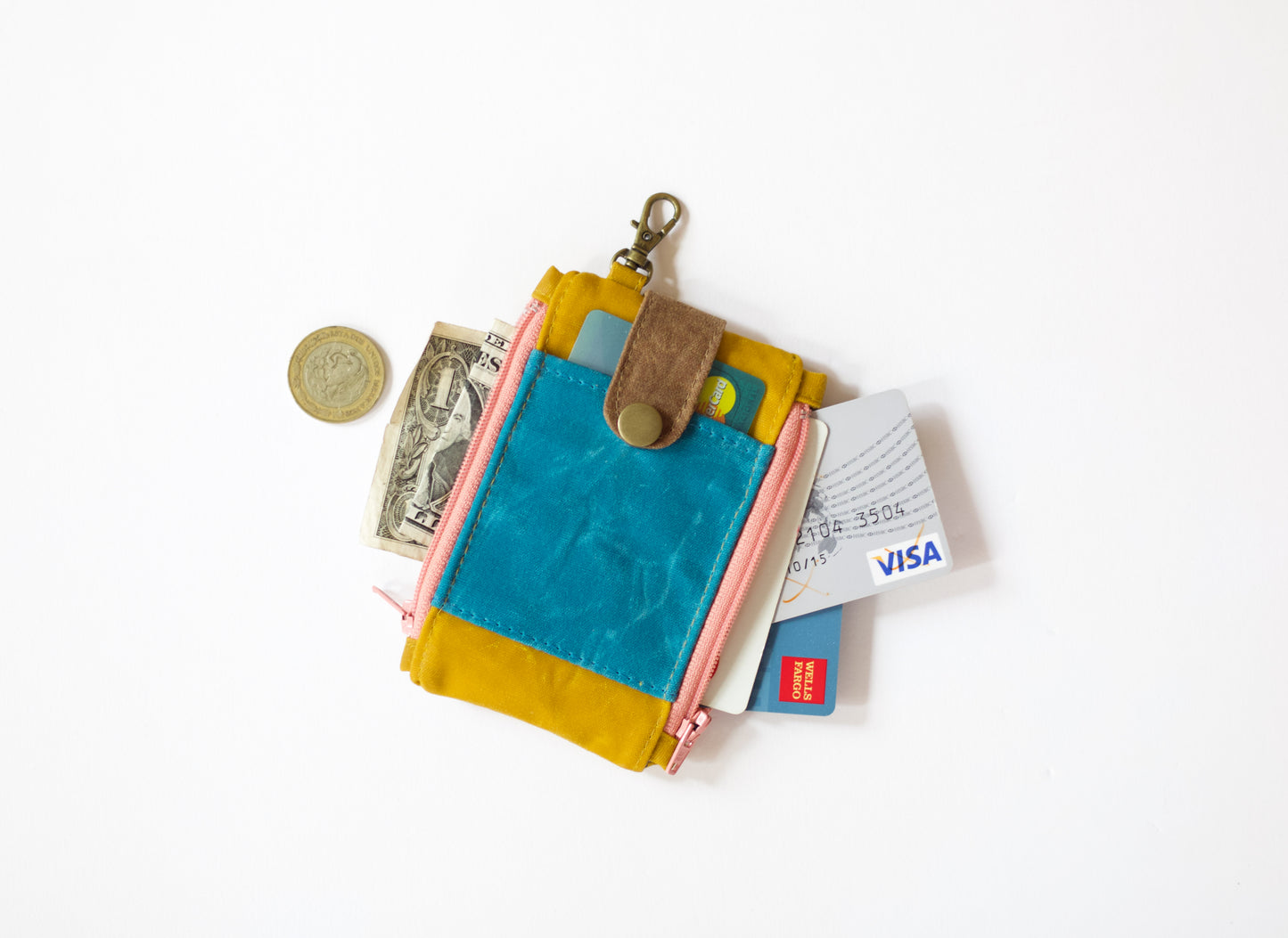 Cartera de llavero de lona encerada para mujer, cartera pastel de bolsillo con doble cremallera