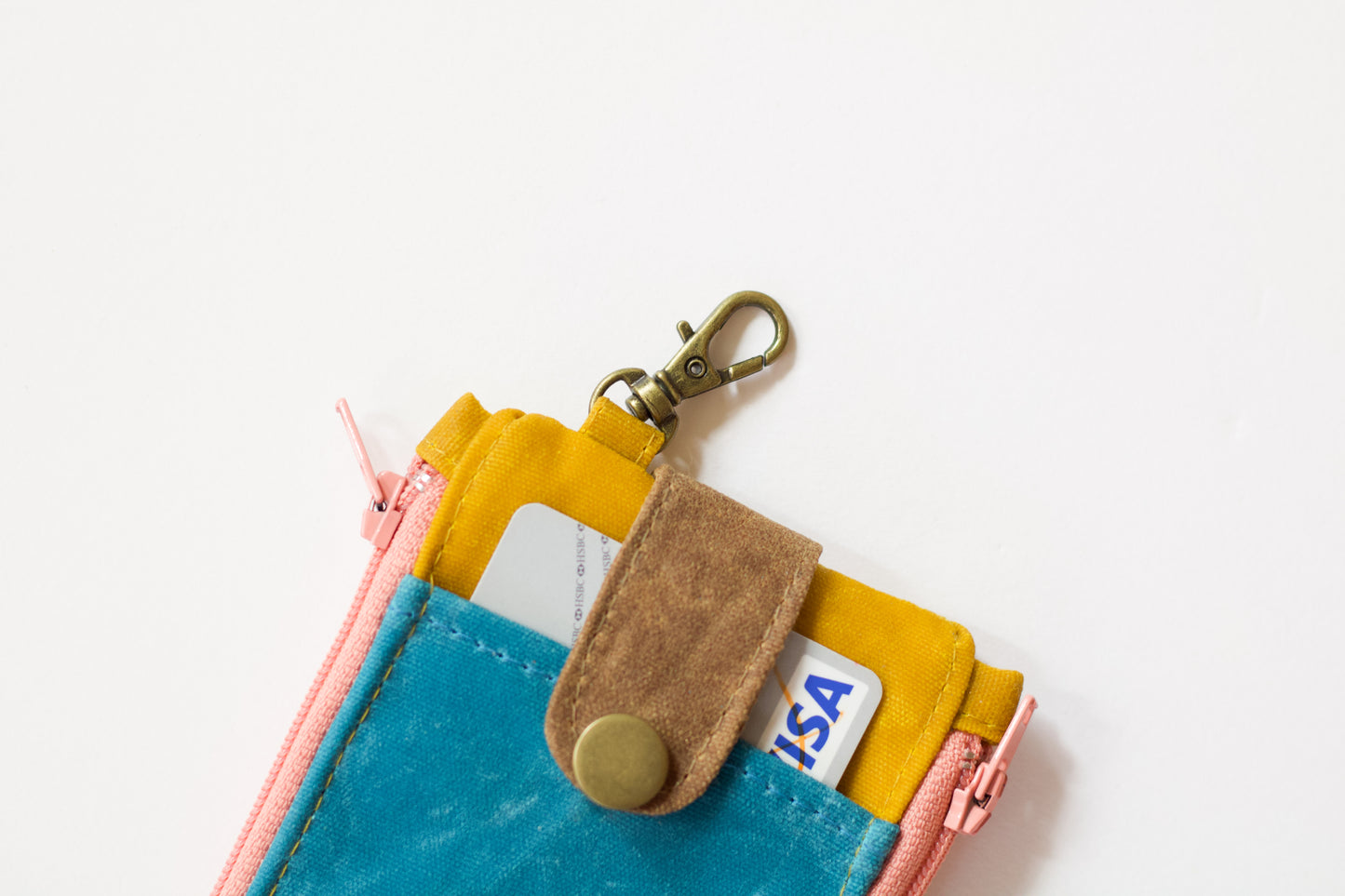 Cartera de llavero de lona encerada para mujer, cartera pastel de bolsillo con doble cremallera