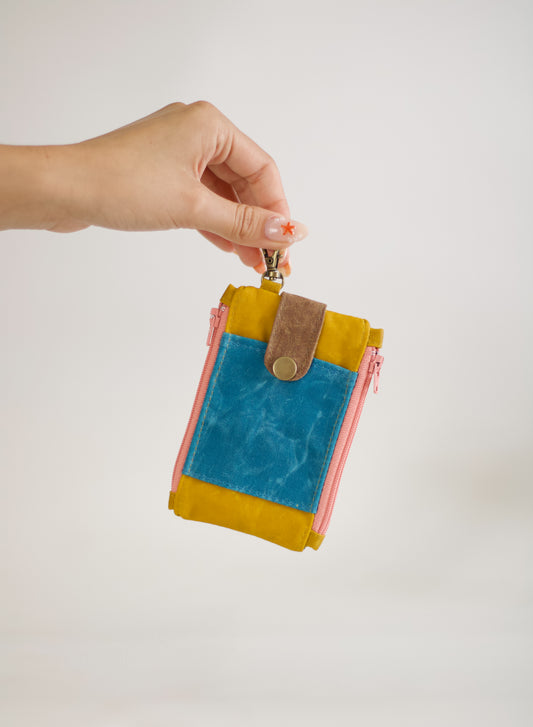 Cartera de llavero de lona encerada para mujer, cartera pastel de bolsillo con doble cremallera