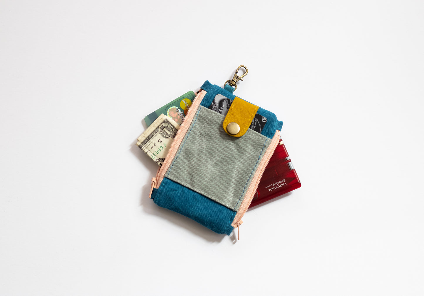 Cartera de llavero de lona encerada para mujer: bolsa de monedas minimalista, billetera para identificación con doble cremallera