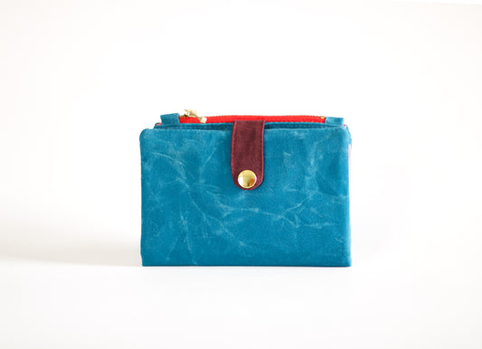 Cartera de lona encerada color azul mosaico, cartera vegana bifold para mujer, cartera de viaje impermeable, linda cartera colorida para mujer, organizador de tarjetas de crédito