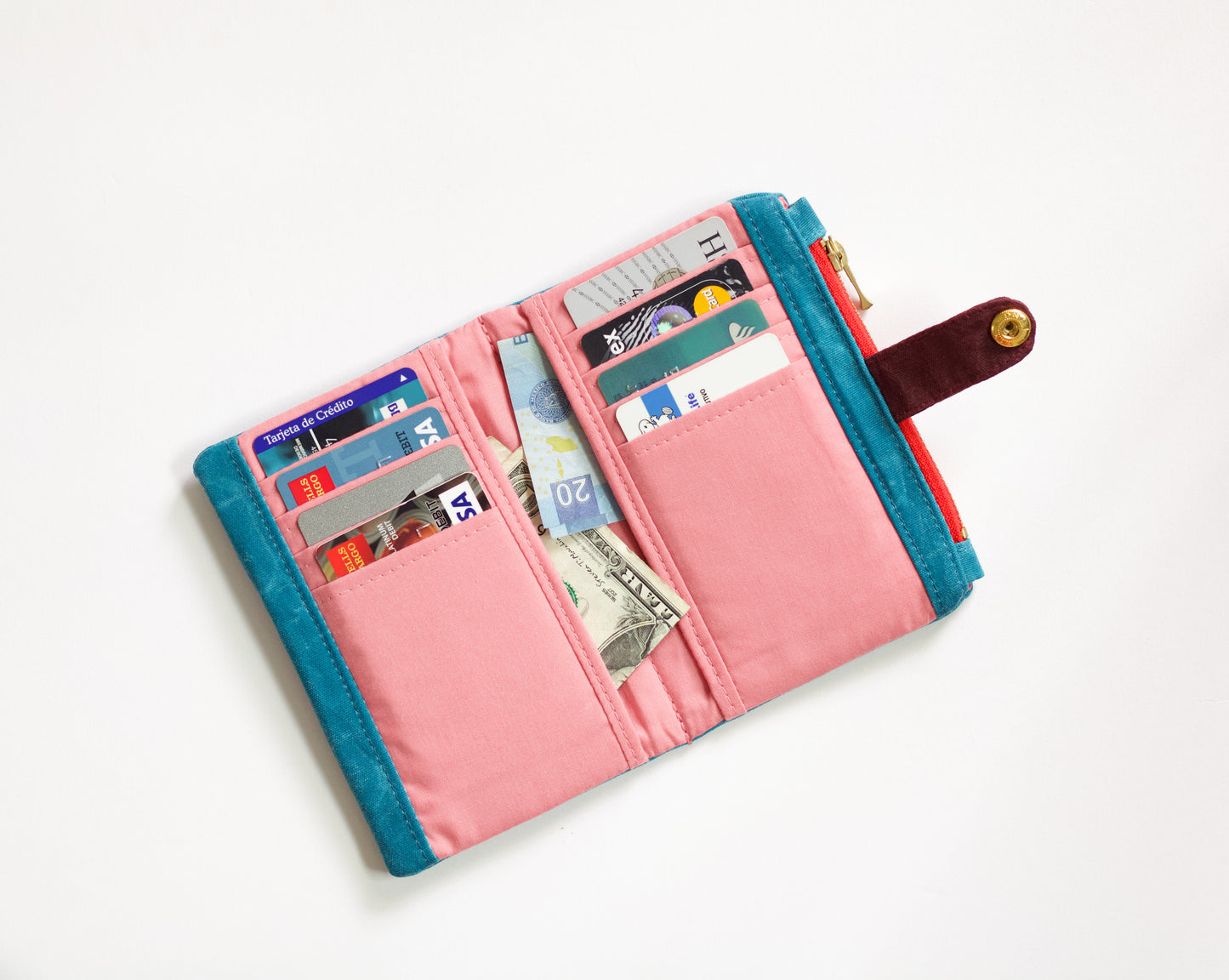 Cartera de lona encerada color azul mosaico, cartera vegana bifold para mujer, cartera de viaje impermeable, linda cartera colorida para mujer, organizador de tarjetas de crédito