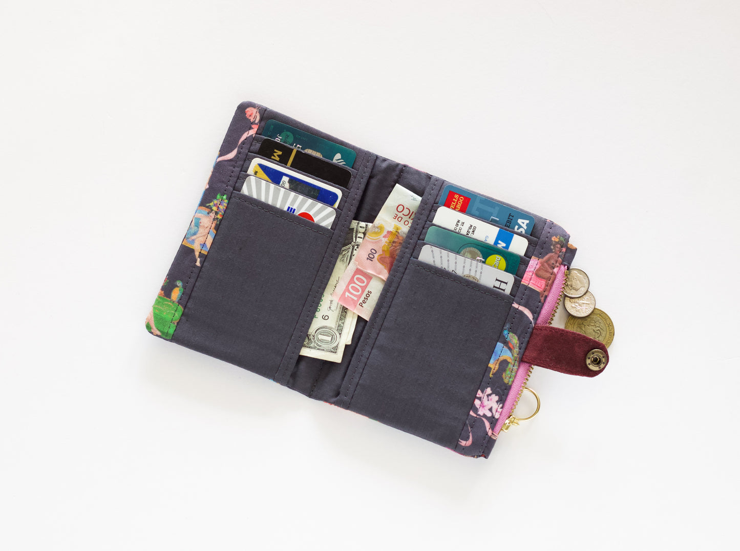 Cartera rococó para mujer, regalo de San Valentín para ella, cartera funky, cartera vegana plegable, cartera mediana con cremallera, organizador de tarjetas de crédito