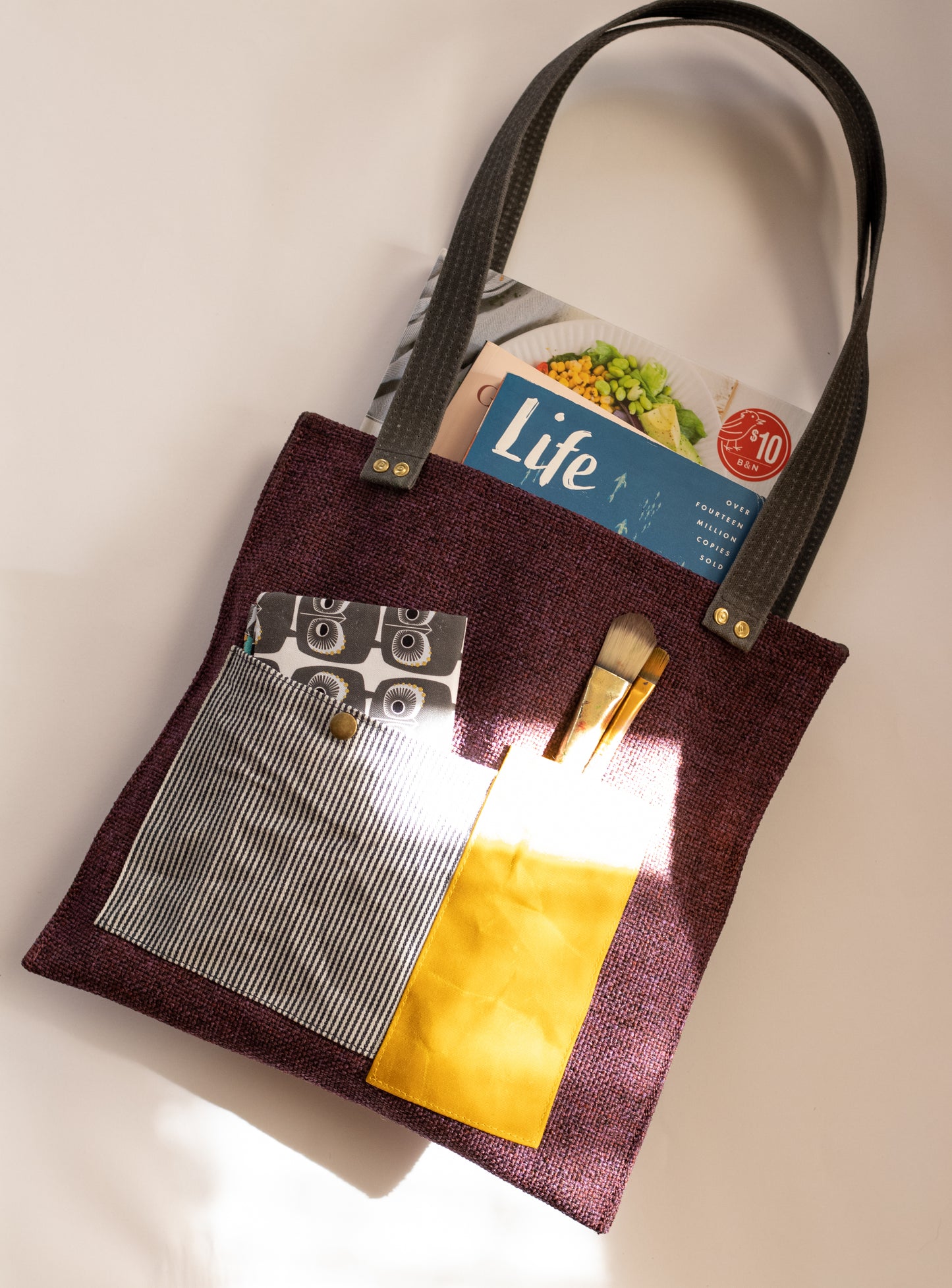 Bolso de lona encerada: bolso de hombro tejido con bolsillos exteriores de lona encerada